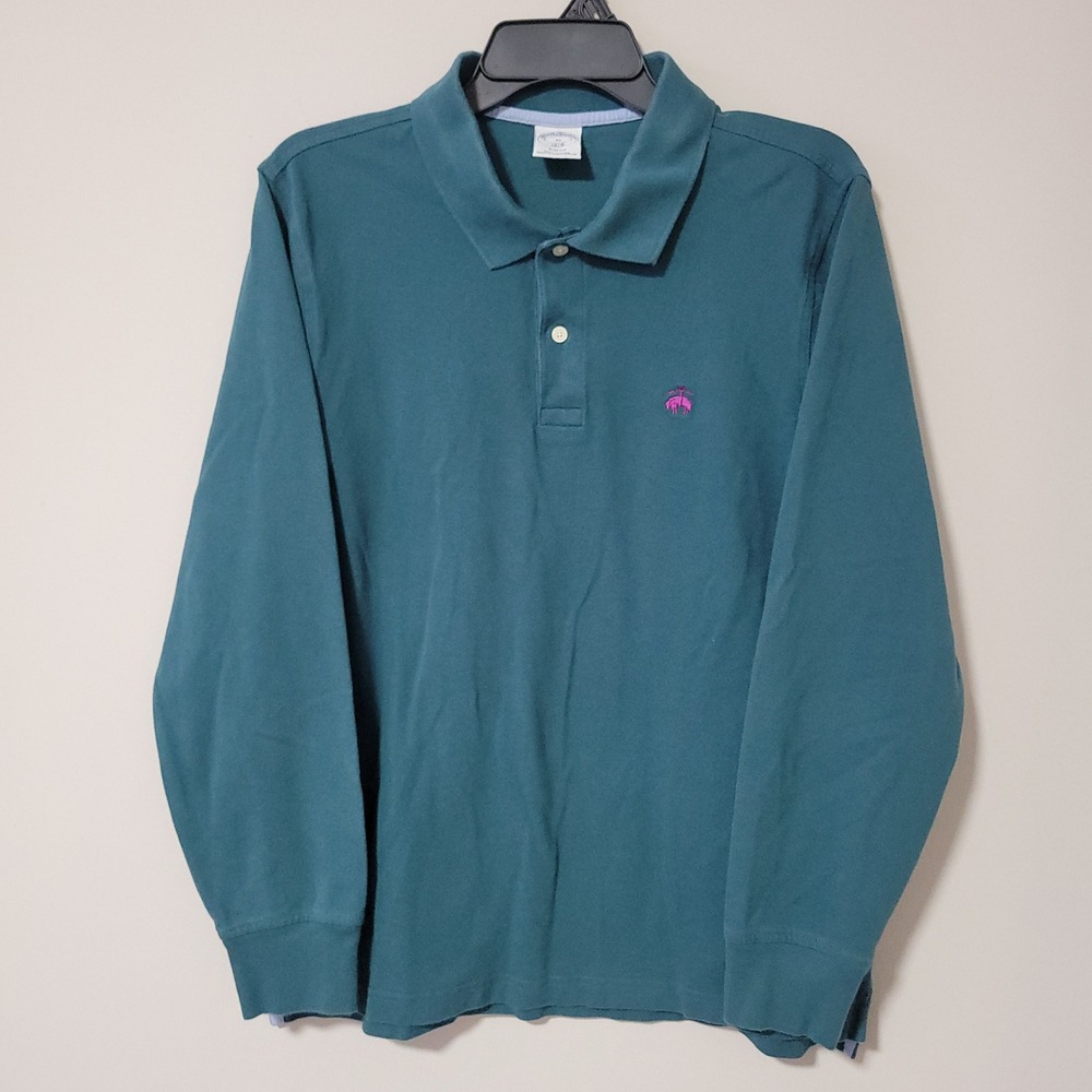 Brooks Brothers 1818 Polo Shirt Mens XL Slim Fit Teal Green Long Sleeve Pique